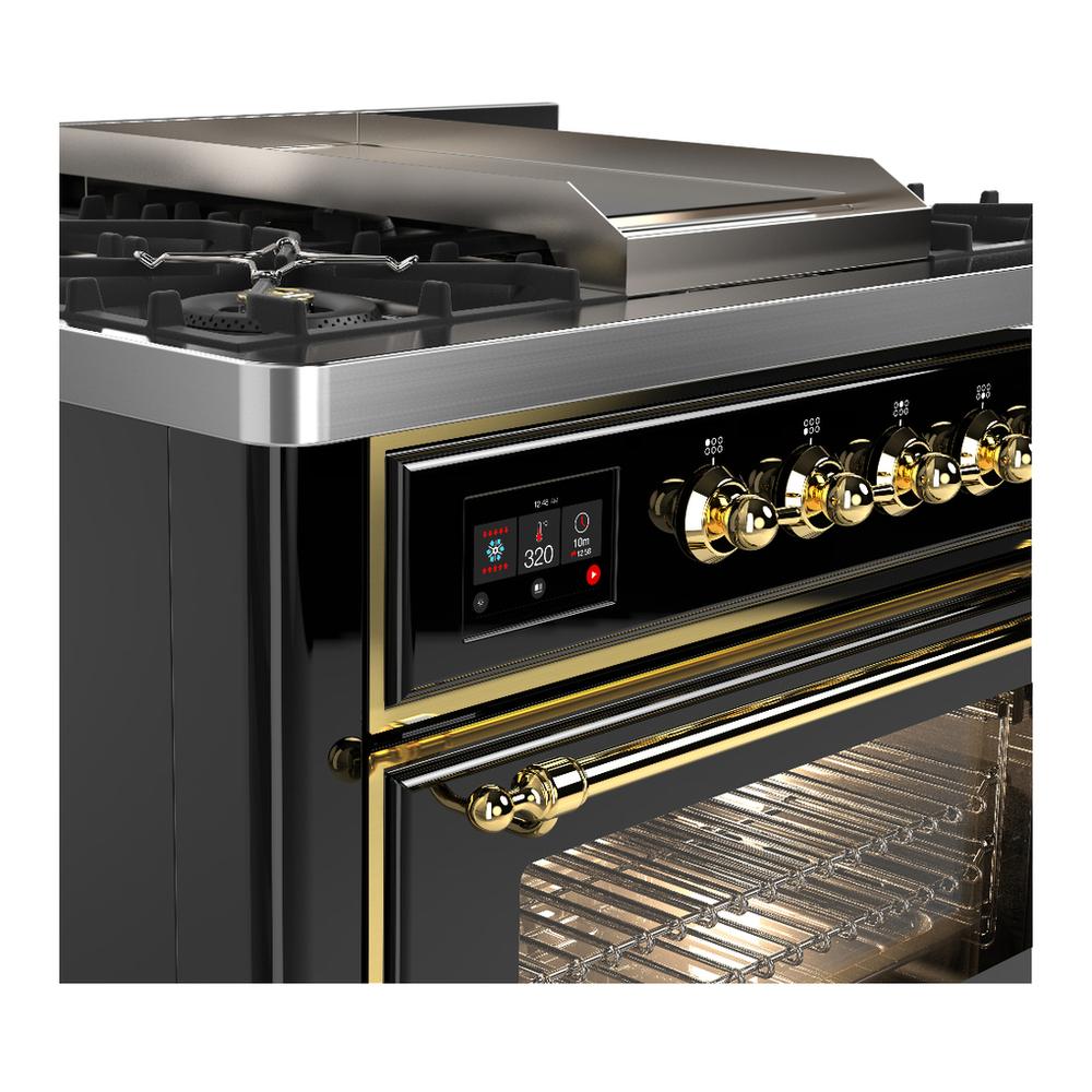 Ilve UM36FNR3BKGLP Ilve Um36Fnr3Bkglp Majestic Iii 36 Inch Dual Fuel Range With 6 Black Brass Burners And Griddle, Dual Function Burner Up To 25,000 Btu (Triple Glass Door, Glossy Black, Brass, Liquid Propane)