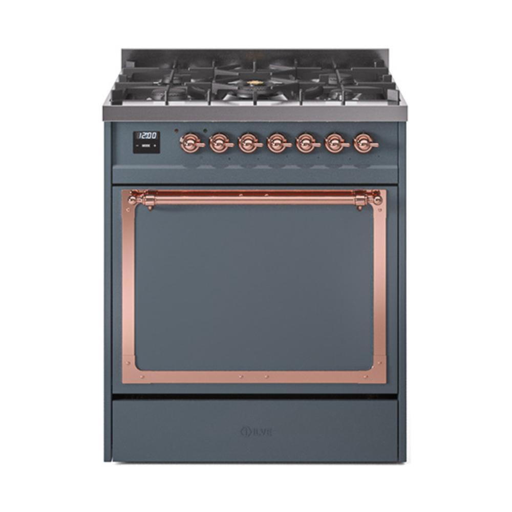 Ilve UN30QNMPBGP Ilve Un30Qnmpbgp Nostalgie Ii Noblesse 30" Dual Fuel Range (Natural Gas, Solid Door, Blue Grey, Copper)