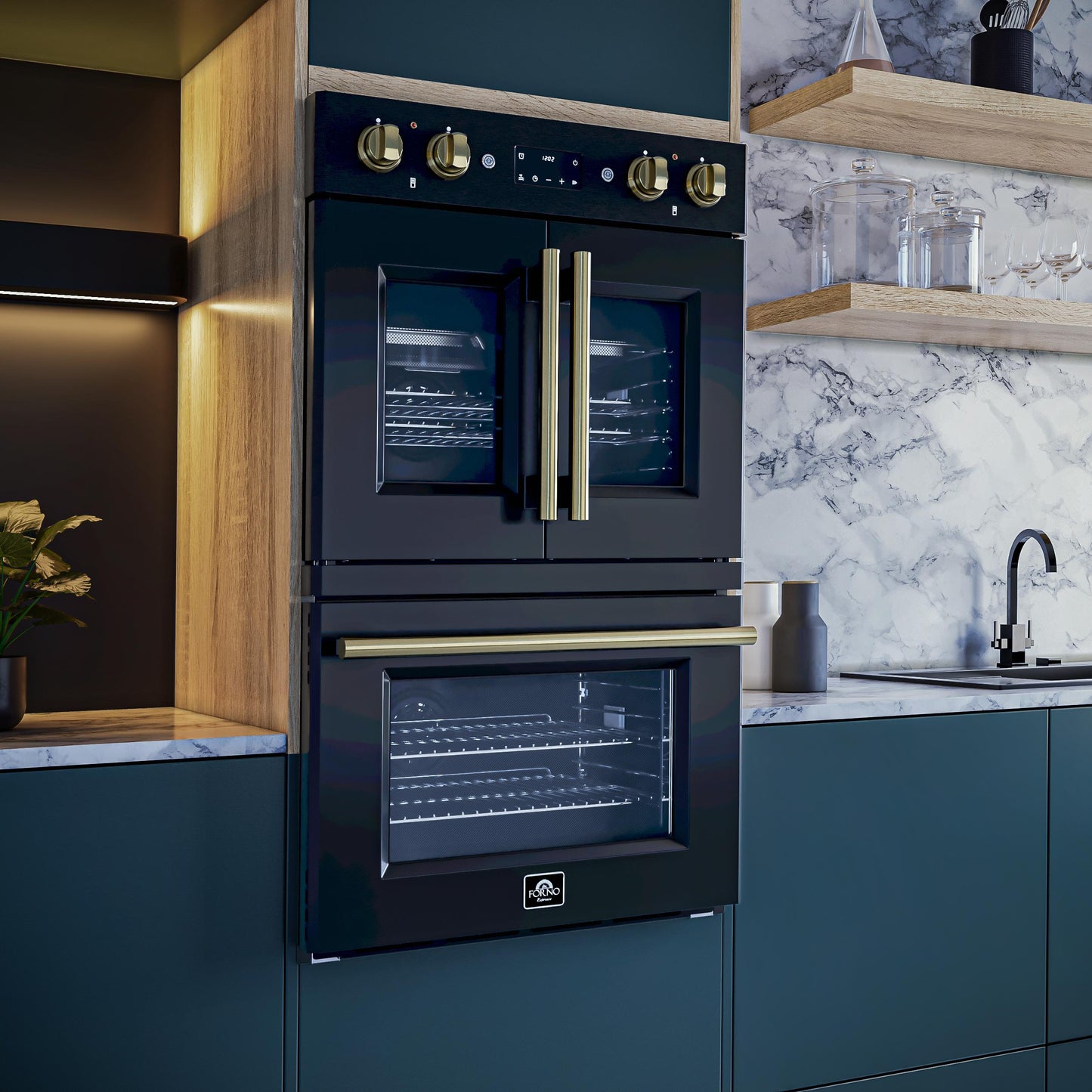 Forno FBOEL134030BLK Forno Asti 30-Inch Double Electric Wall Oven With Upper French Doors In Black & Antique Brass, 7.36 Cu. Ft. Dual True Convection, 7,200W, Air Fry, Sous Vide, Self-Clean