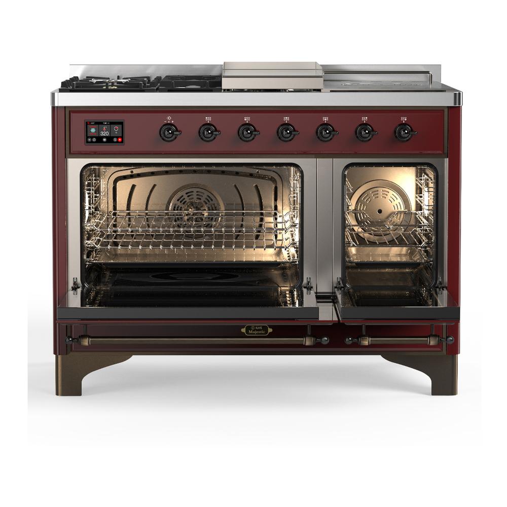 Ilve UM48FSNR3BUBLP Ilve Um48Fsnr3Bublp Majestic Iii 48 Inch Dual Fuel Range With 5 Black Brass Burners, Griddle And French Top, Dual Function Burner Up To 25,000 Btu (Liquid Propane, Triple Glass Door, Burgundy, Burnished)
