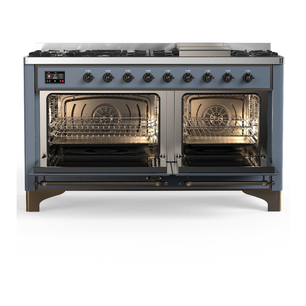Ilve UM60FNR3BGBLP Ilve Um60Fnr3Bgblp Majestic Iii 60 Inch Dual Fuel Range With 9 Burners And Griddle, Dual Function Burner Up To 25,000 Btu (Liquid Propane, Triple Glass Door, Blue Grey, Burnished)