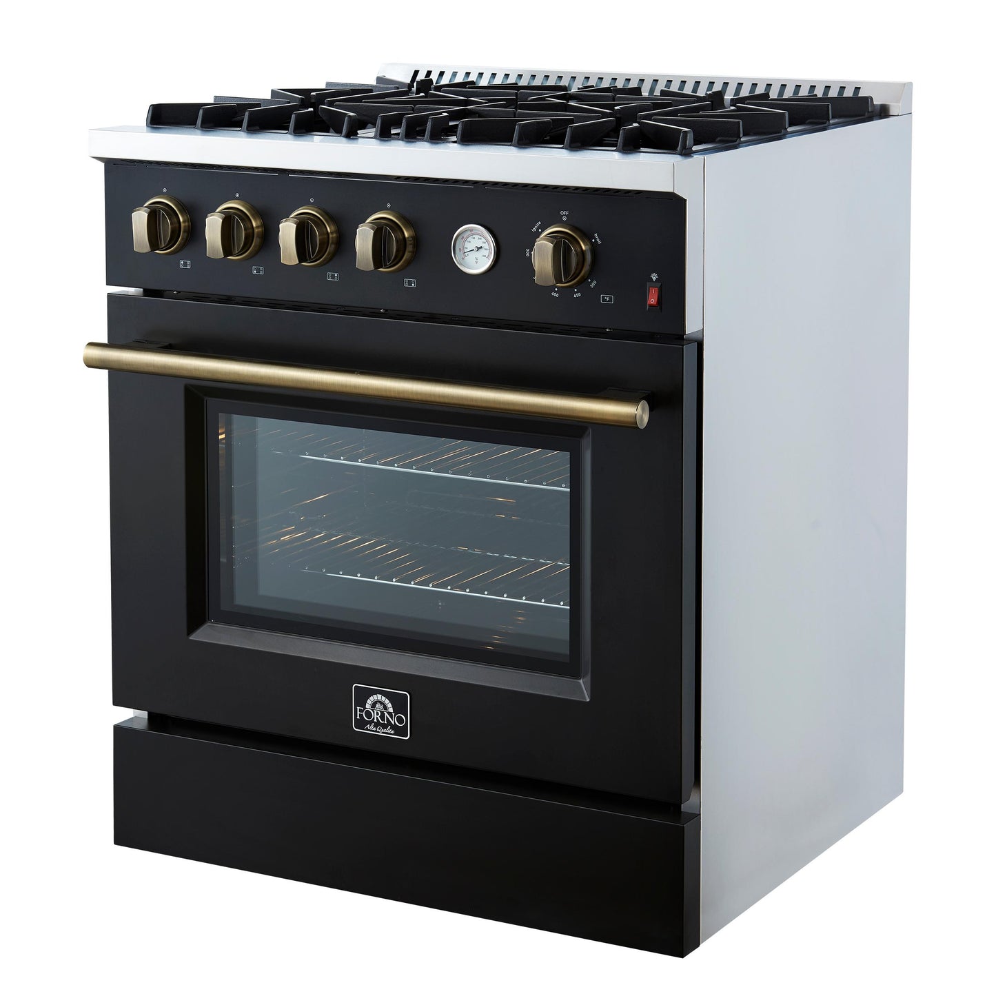 Forno FFSGS627730BLK Marco 30-Inch Gas Range Black & Antique Brass Design, 4 Burners 37,000 Btu, 4.32 Cu.Ft. Convection Oven