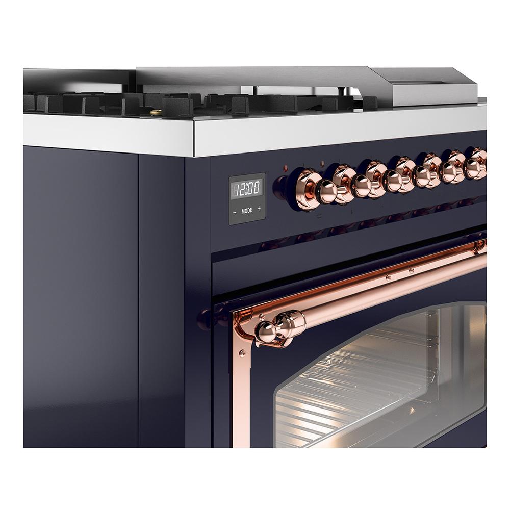 Ilve UN48FSNMPMBPLP Ilve Un48Fsnmpmbplp Nostalgie Ii Noblesse 48" Dual Fuel Range (5 Sealed Burners + Griddle + French Top, Liquid Propane, Triple Glass Door, Midnight Blue, Copper)