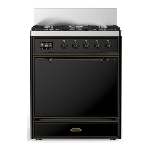 Ilve UM30QNR3BKBLP Ilve Um30Qnr3Bkblp Majestic Iii 30 Inch Dual Fuel Range With 5 Black Brass Burners, Dual Function Burner Up To 25,000 Btu (Liquid Propane, Solid Door, Glossy Black, Burnished)