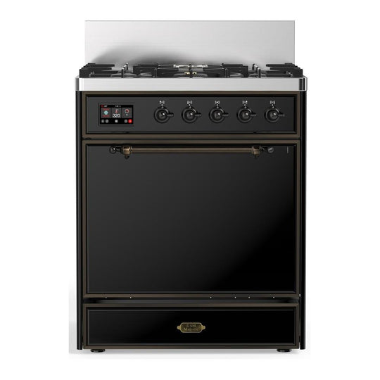 Ilve UM30QNR3BKBLP Ilve Um30Qnr3Bkblp Majestic Iii 30 Inch Dual Fuel Range With 5 Black Brass Burners, Dual Function Burner Up To 25,000 Btu (Liquid Propane, Solid Door, Glossy Black, Burnished)