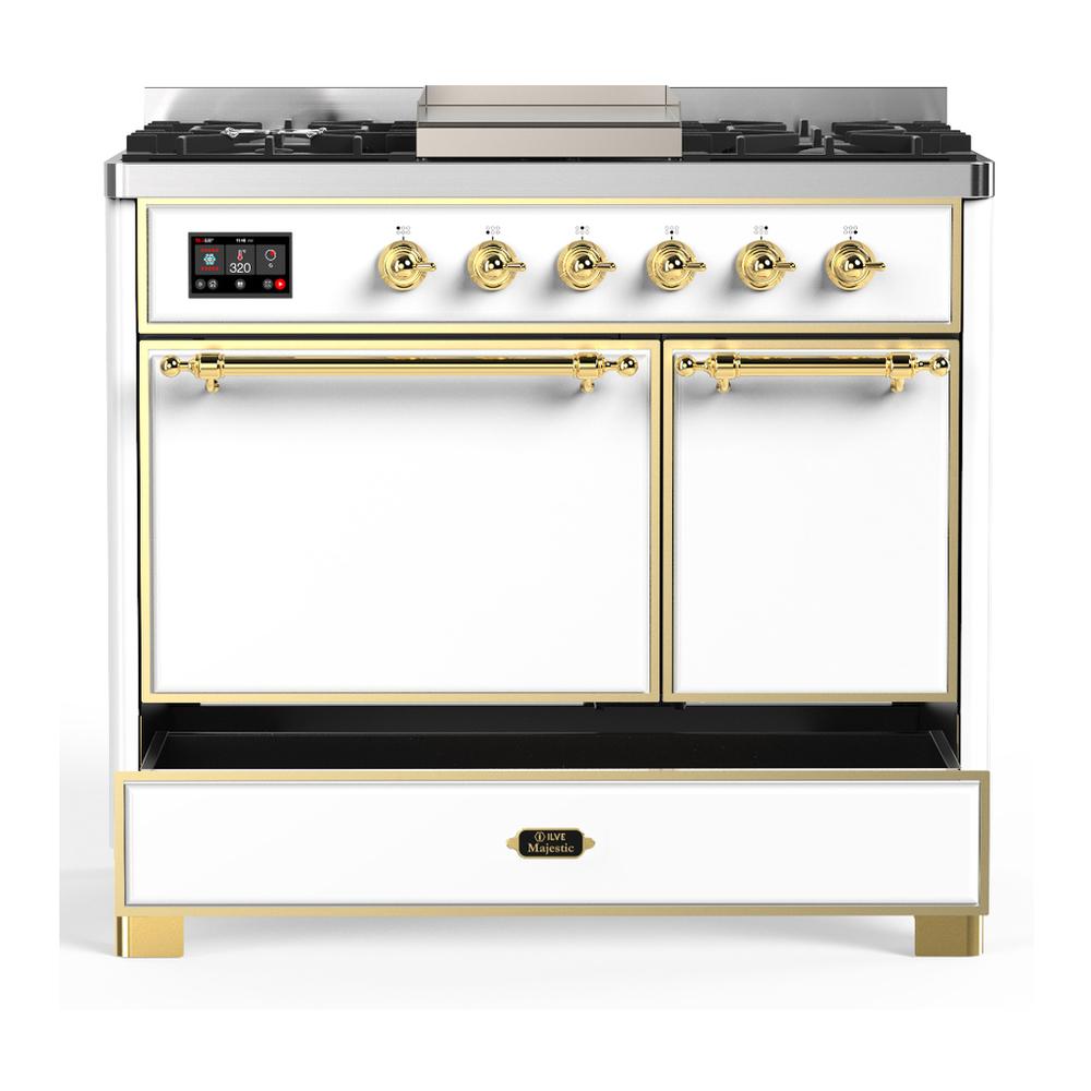 Ilve UMD40FQNR3WHGLP Ilve Umd40Fqnr3Whglp Majestic Iii 40 Inch Dual Fuel Range With 6 Burners And Griddle, Dual Function Burner Up To 25,000 Btu (Liquid Propane, Solid Door, White, Brass)