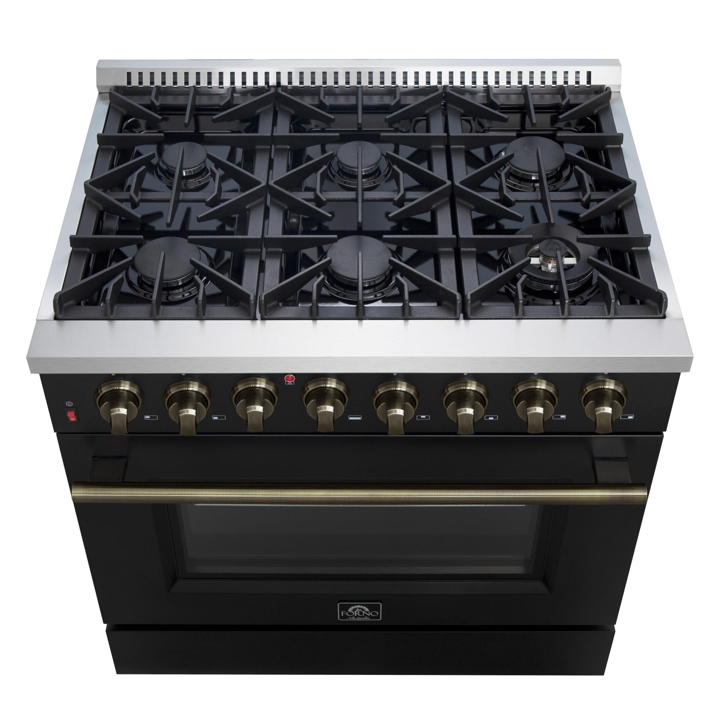 Forno FFSGS615636BLK Forno Galiano 36-Inch Dual Fuel Range In Black & Antique Brass Design, 6 Sealed Burners 83,000 Btu, 5.36 Cu.Ft. True Convection Oven