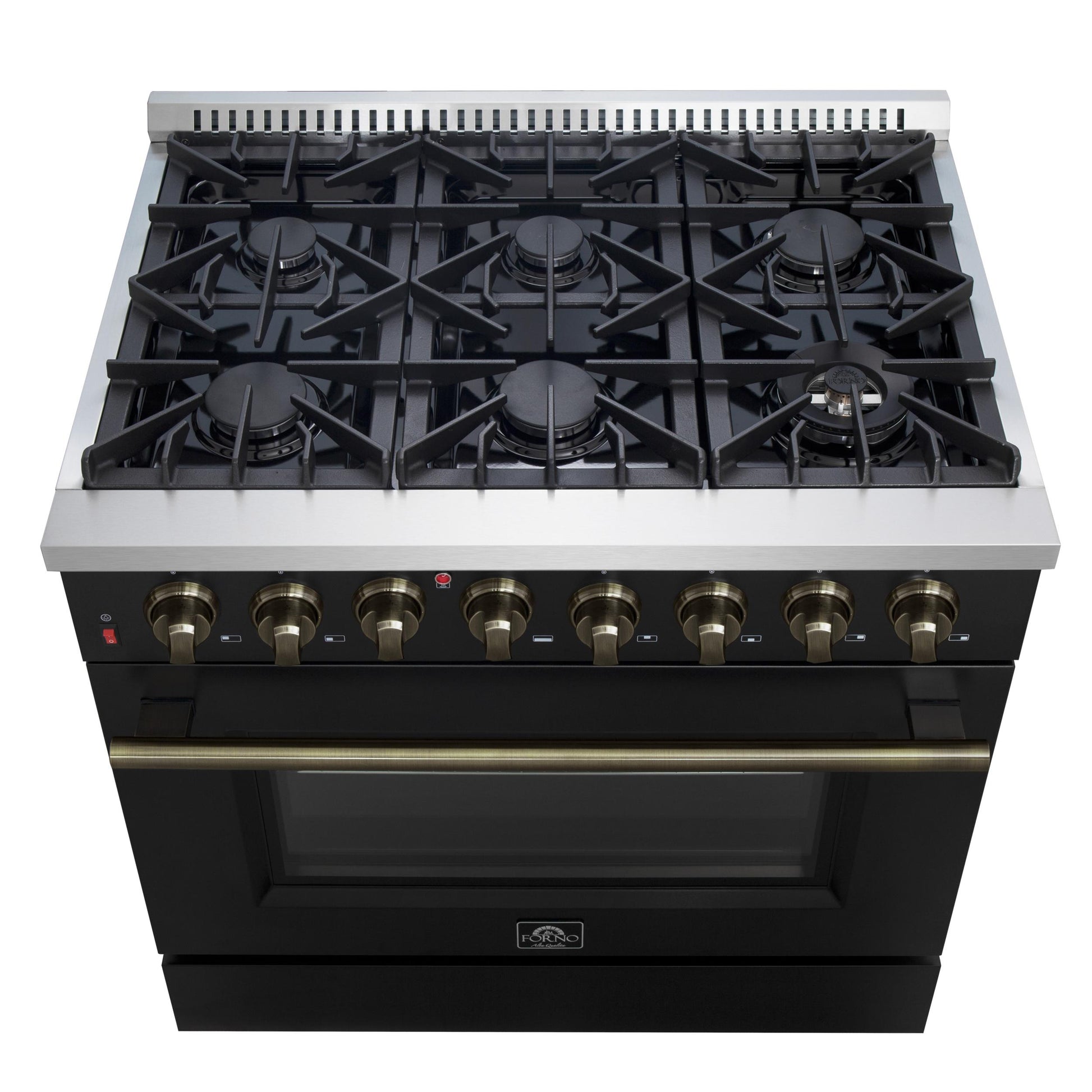 Forno FFSGS615636BLK Forno Galiano 36-Inch Dual Fuel Range In Black & Antique Brass Design, 6 Sealed Burners 83,000 Btu, 5.36 Cu.Ft. True Convection Oven