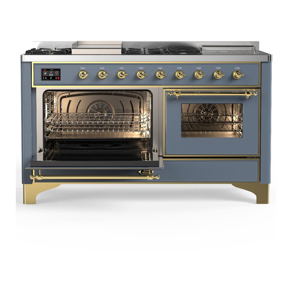 Ilve UM60FSNR3BGGLP Ilve Um60Fsnr3Bgglp Majestic Iii 60 Inch Dual Fuel Range With 7 Burners, Griddle And French Top, Dual Function Burner With Up To 25,000 Btu (Liquid Propane, Triple Glass Door, Blue Grey, Brass)