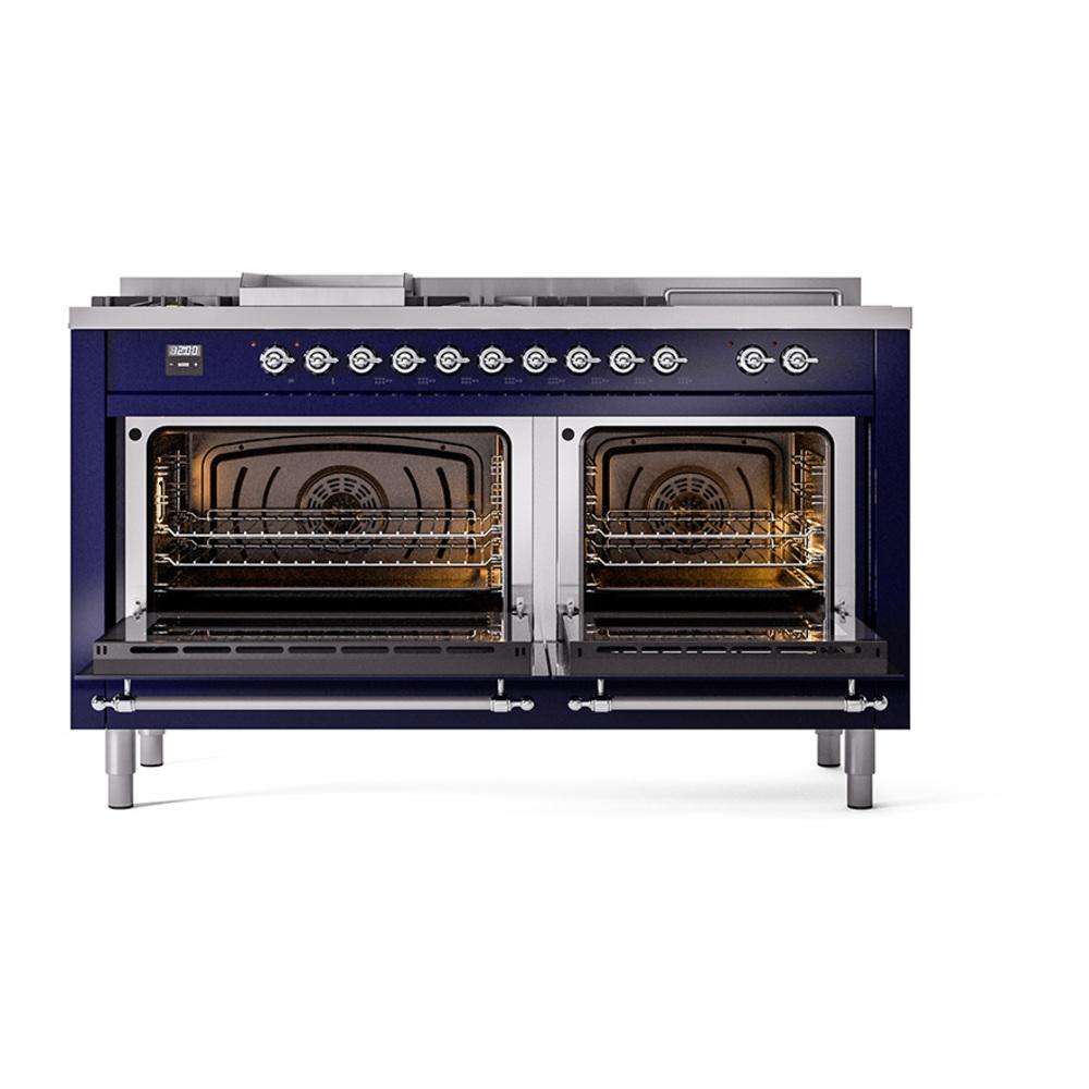 Ilve UN60FSNMPMBCLP Ilve Un60Fsnmpmbclp Nostalgie Ii Noblesse 60" Dual Fuel Range (7 Sealed Burners + Griddle + French Top, Liquid Propane, Triple Glass Door, Midnight Blue, Chrome)
