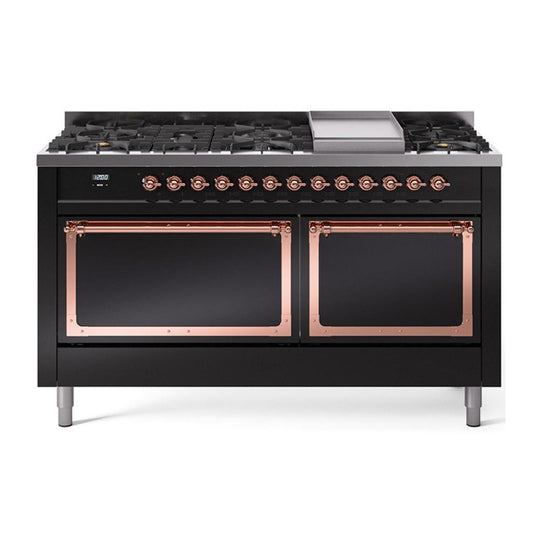Ilve UN60FQNMPBKPLP Ilve Un60Fqnmpbkplp Nostalgie Ii Noblesse 60" Dual Fuel Range (9 Sealed Burners + Griddle, Liquid Propane, Solid Door, Glossy Black, Copper)
