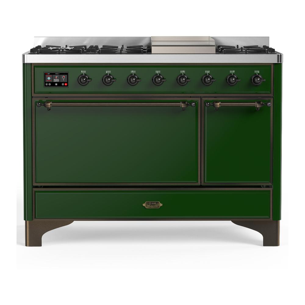 Ilve UM48FQNR3EGBLP Ilve Um48Fqnr3Egblp Majestic Iii 48 Inch Dual Fuel Range With 8 Burners And Griddle, Dual Function Burner Up To 25,000 Btu (Liquid Propane, Solid Door, Emerald Green, Burnished)