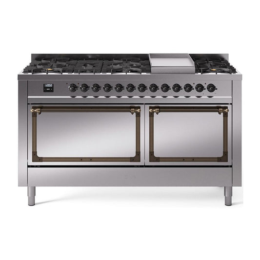 Ilve UN60FQNMPSSB Ilve Un60Fqnmpssb Nostalgie Ii Noblesse 60" Dual Fuel Range (9 Sealed Burners + Griddle, Natural Gas, Solid Door, Stainless Steel, Burnished)