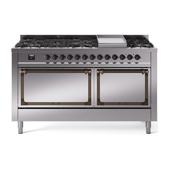 Ilve UN60FQNMPSSB Ilve Un60Fqnmpssb Nostalgie Ii Noblesse 60" Dual Fuel Range (9 Sealed Burners + Griddle, Natural Gas, Solid Door, Stainless Steel, Burnished)