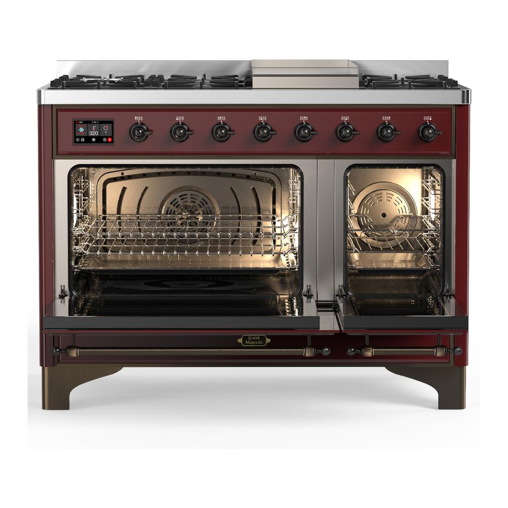 Ilve UM48FQNR3BUB Ilve Um48Fqnr3Bub Majestic Iii 48 Inch Dual Fuel Range With 8 Burners And Griddle, Dual Function Burner Up To 25,000 Btu (Natural Gas, Solid Door, Burgundy, Burnished)
