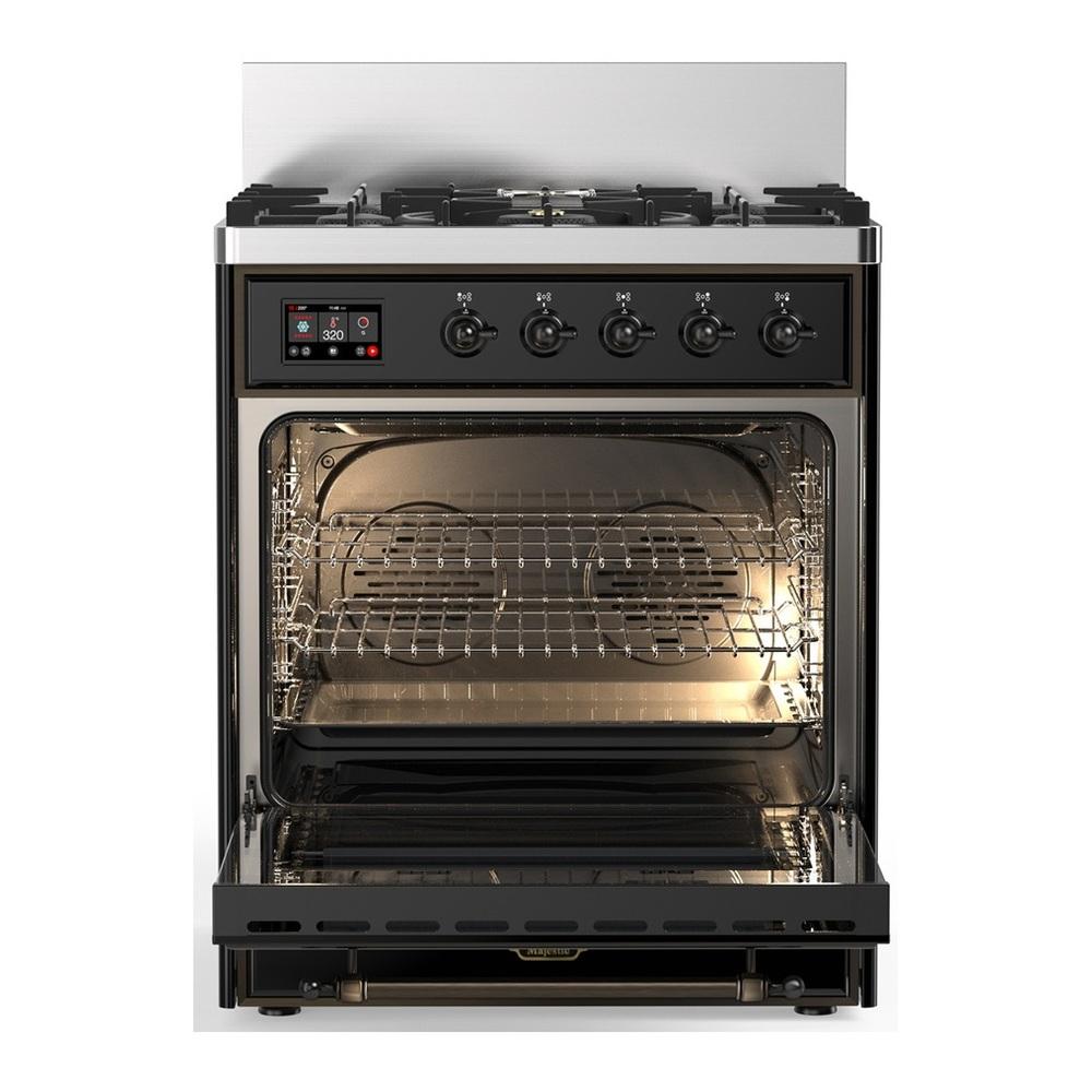 Ilve UM30QNR3BKBLP Ilve Um30Qnr3Bkblp Majestic Iii 30 Inch Dual Fuel Range With 5 Black Brass Burners, Dual Function Burner Up To 25,000 Btu (Liquid Propane, Solid Door, Glossy Black, Burnished)
