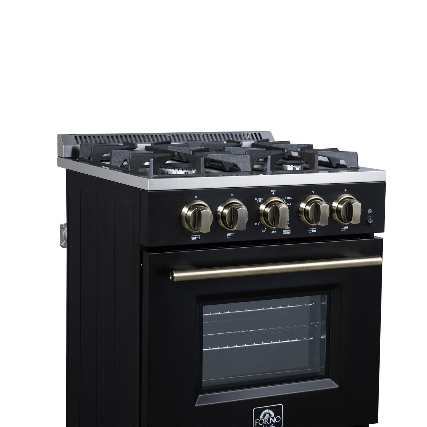 Forno FFSGS627224BLK Forno Breno 24 Inch Freestanding Gas Range In Black With Antique Brass, Compact Design