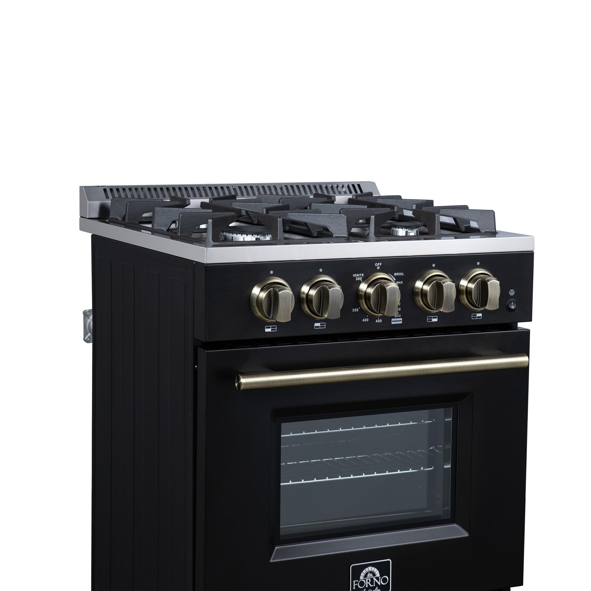 Forno FFSGS627224BLK Forno Breno 24 Inch Freestanding Gas Range In Black With Antique Brass, Compact Design