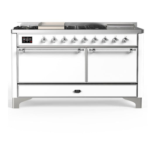 Ilve UM60FSQNR3WHC Ilve Um60Fsqnr3Whc Majestic Iii 60 Inch Dual Fuel Range With 7 Burners, Griddle And French Top, Dual Function Burner With Up To 25,000 Btu (Natural Gas, Solid Door, White, Chrome)