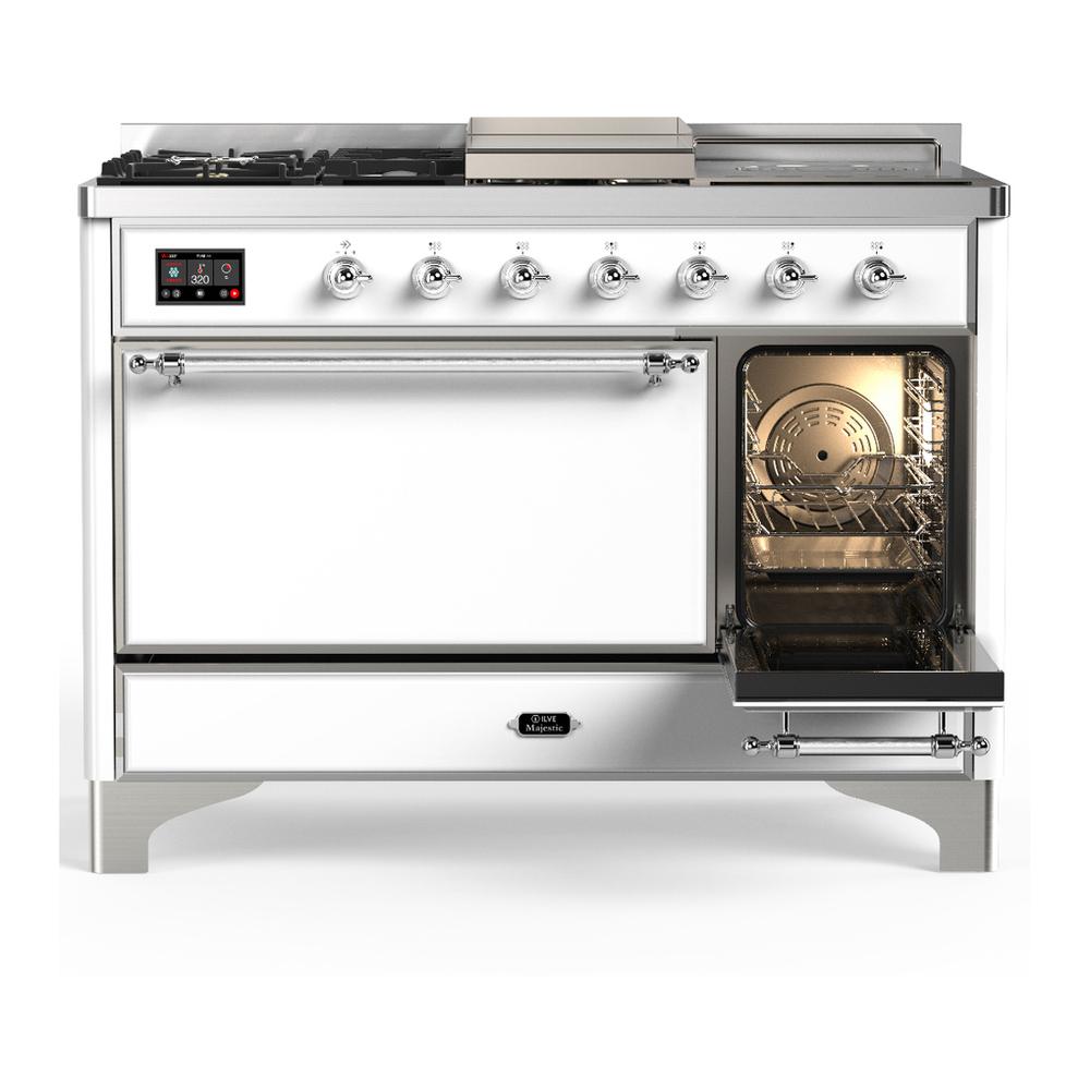 Ilve UM48FSQNR3WHC Ilve Um48Fsqnr3Whc Majestic Iii 48 Inch Dual Fuel Range With 5 Black Brass Burners, Griddle And French Top, Dual Function Burner Up To 25,000 Btu (Natural Gas, Solid Door, White, Chrome)