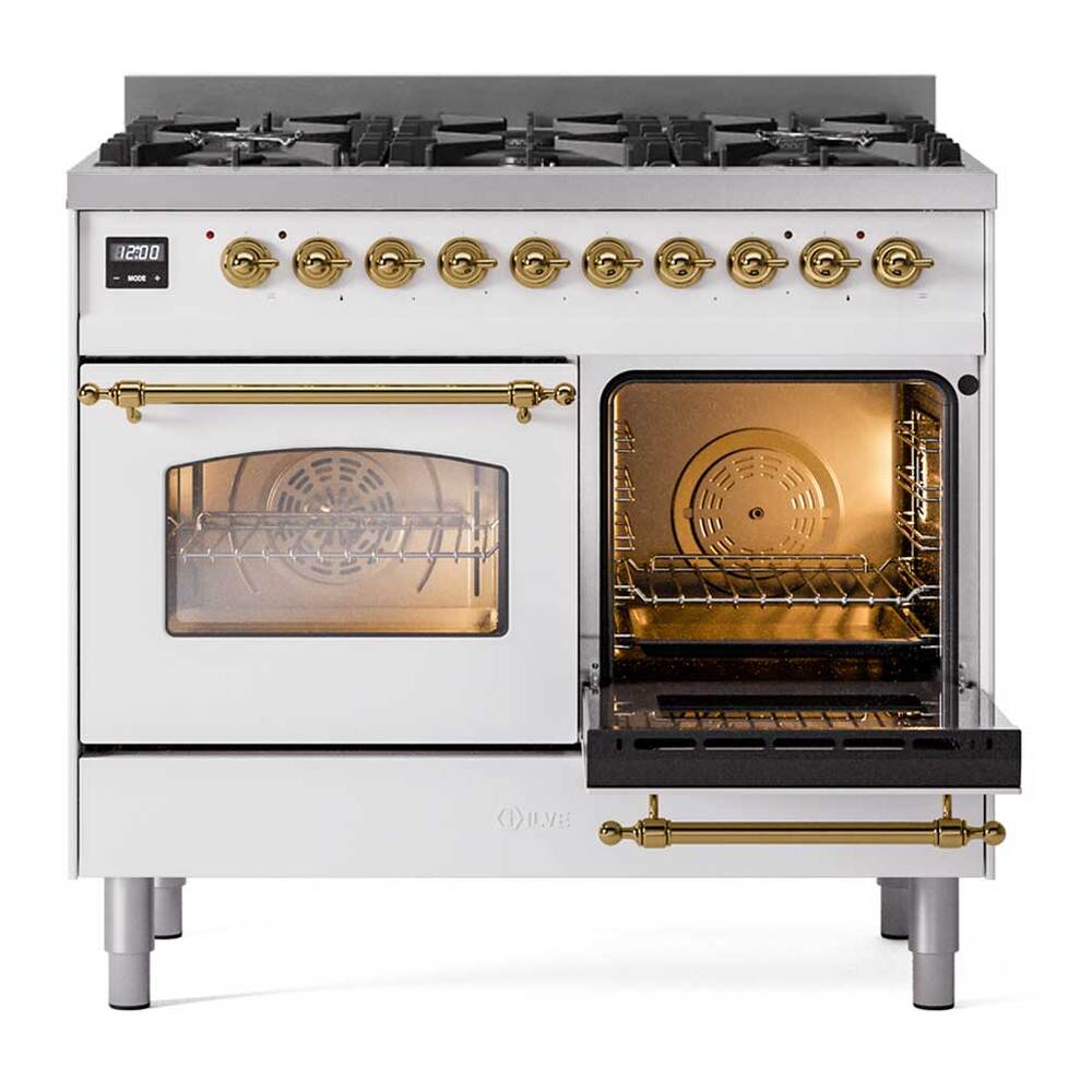 Ilve UPD406NMPWHGLP Ilve Upd406Nmpwhglp Nostalgie Ii 40 Inch Dual Fuel Range With 6 Total Black Brass Burners (Limited Edition) (Liquid Propane, White)