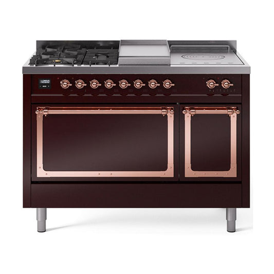 Ilve UN48FSQNMPBUPLP Ilve Un48Fsqnmpbuplp Nostalgie Ii Noblesse 48" Dual Fuel Range (5 Sealed Burners + Griddle + French Top, Liquid Propane, Solid Door, Burgundy, Copper)