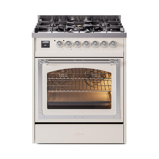Ilve UN30NMPAWCLP Ilve Un30Nmpawclp Nostalgie Ii Noblesse 30" Dual Fuel Range (Liquid Propane, Triple Glass Door, Antique White, Chrome)