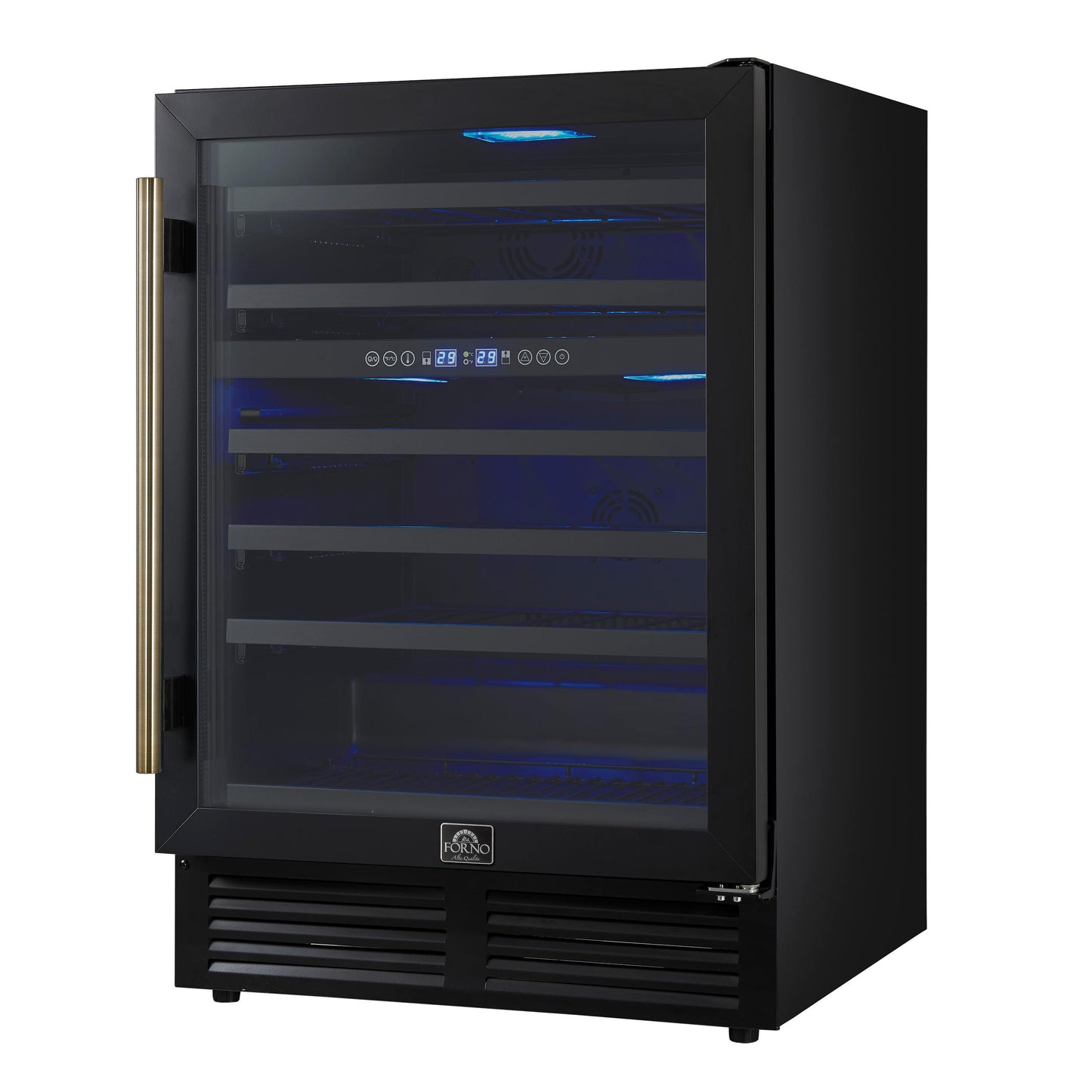 Forno FWCDR663424BLK Forno Bacchino 24 Inch Wine Cooler, Black With Antique Brass Handles, With Led Lighting, Triple Glass Door, 51 Bottle Capacity, Built-In Or Freestanding