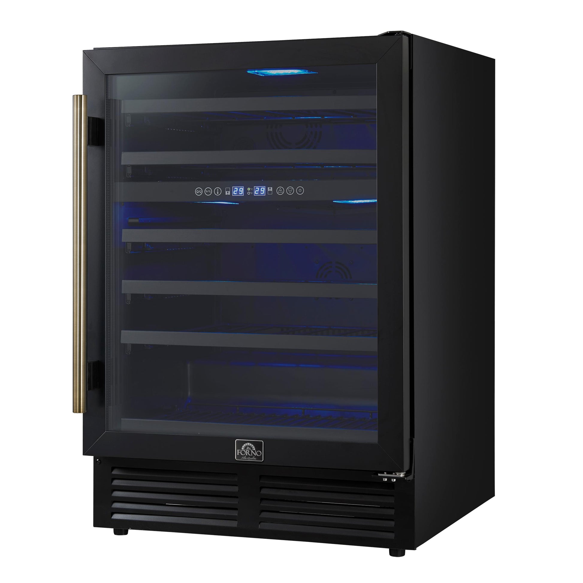 Forno FWCDR663424BLK Forno Bacchino 24 Inch Wine Cooler, Black With Antique Brass Handles, With Led Lighting, Triple Glass Door, 51 Bottle Capacity, Built-In Or Freestanding