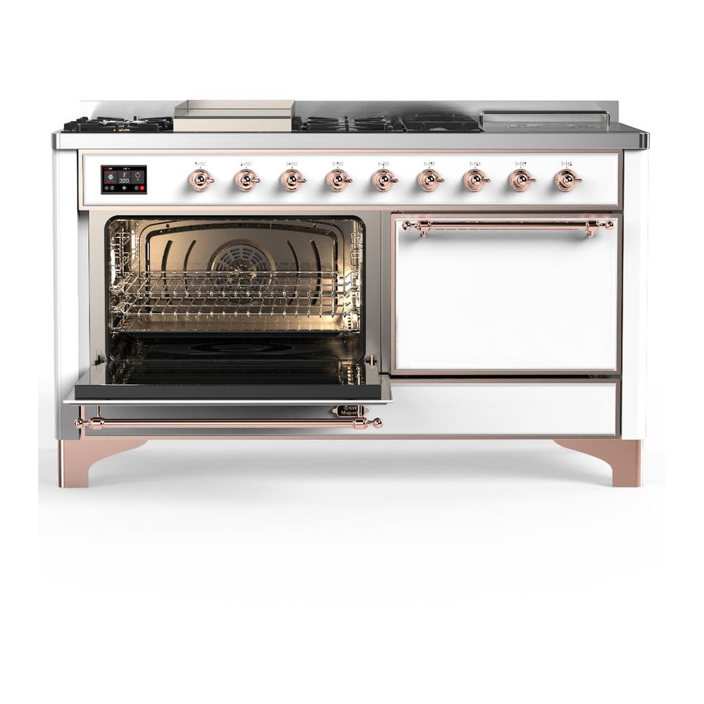 Ilve UM60FSQNR3WHPLP Ilve Um60Fsqnr3Whplp Majestic Iii 60 Inch Dual Fuel Range With 7 Burners, Griddle And French Top, Dual Function Burner With Up To 25,000 Btu (Liquid Propane, Solid Door, White, Copper)