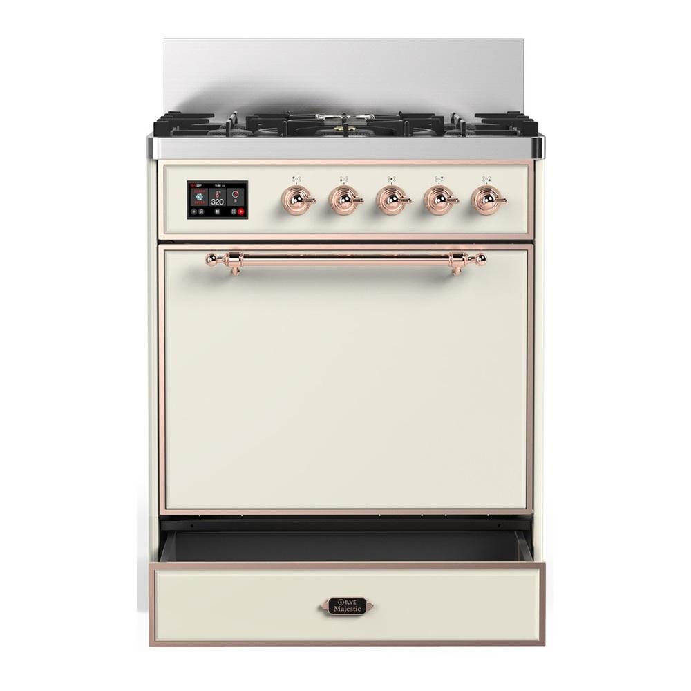 Ilve UM30QNR3AWPLP Ilve Um30Qnr3Awplp Majestic Iii 30 Inch Dual Fuel Range With 5 Black Brass Burners, Dual Function Burner Up To 25,000 Btu (Liquid Propane, Solid Door, Antique White, Copper)