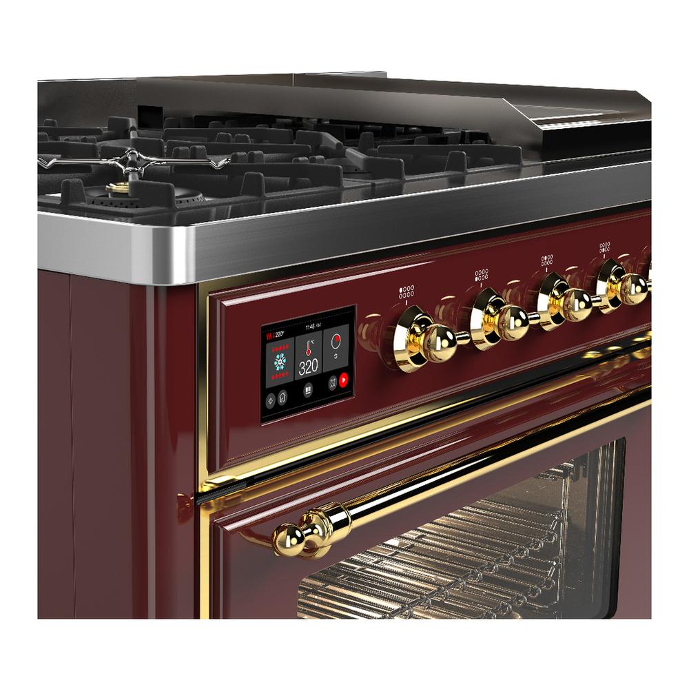 Ilve UM48FNR3BUG Ilve Um48Fnr3Bug Majestic Iii 48 Inch Dual Fuel Range With 8 Burners And Griddle, Dual Function Burner Up To 25,000 Btu (Natural Gas, Triple Glass Door, Burgundy, Brass)