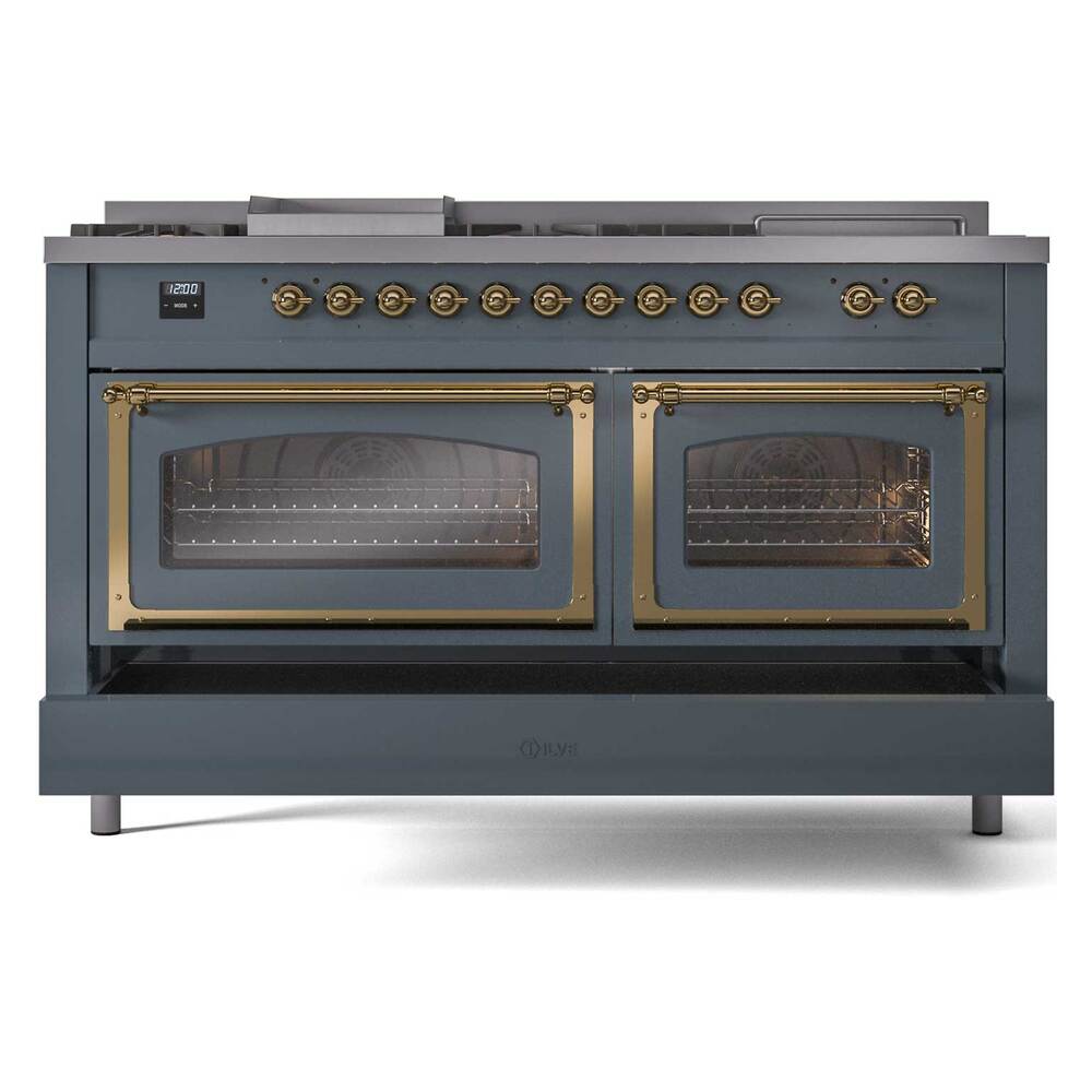 Ilve UN60FSNMPBGG Ilve Un60Fsnmpbgg Nostalgie Ii Noblesse 60" Dual Fuel Range (7 Sealed Burners + Griddle + French Top, Natural Gas, Triple Glass Door, Blue Grey, Brass)