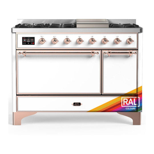Ilve UM48FQNR3RAP Ilve Um48Fqnr3Rap Majestic Iii 48 Inch Dual Fuel Range With 8 Burners And Griddle, Dual Function Burner Up To 25,000 Btu (Natural Gas, Solid Door, Ral, Copper)