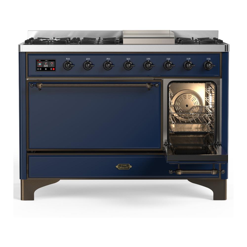 Ilve UM48FQNR3MBB Ilve Um48Fqnr3Mbb Majestic Iii 48 Inch Dual Fuel Range With 8 Burners And Griddle, Dual Function Burner Up To 25,000 Btu (Natural Gas, Solid Door, Midnight Blue, Burnished)