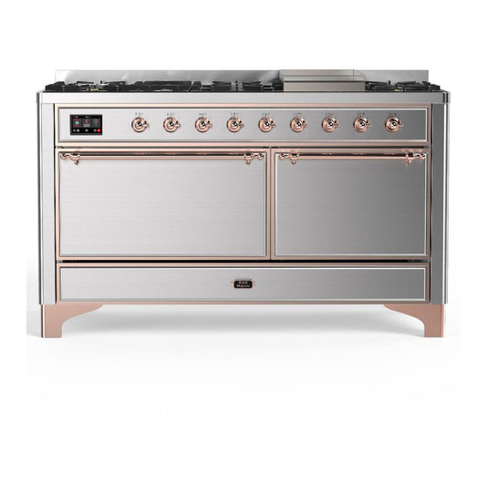 Ilve UM60FQNR3SSP Ilve Um60Fqnr3Ssp Majestic Iii 60 Inch Dual Fuel Range With 9 Burners And Griddle, Dual Function Burner Up To 25,000 Btu (Natural Gas, Solid Door, Stainless Steel, Copper)