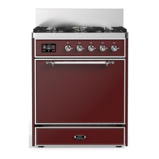 Ilve UM30QNR3BUC Ilve Um30Qnr3Buc Majestic Iii 30 Inch Dual Fuel Range With 5 Black Brass Burners, Dual Function Burner Up To 25,000 Btu (Natural Gas, Solid Door, Burgundy, Chrome)