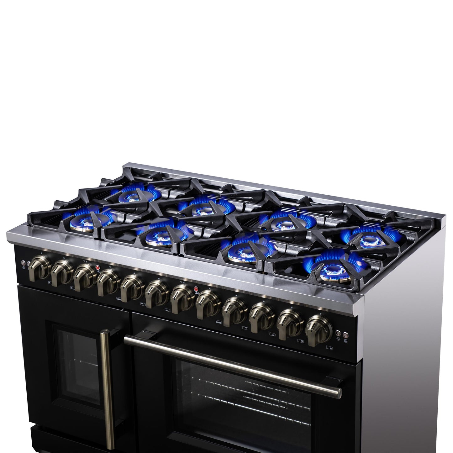 Forno FFSGS638748BLK Forno Capriasca 48 Inch Freestanding French Door Dual Fuel Range In Black With Antique Brass Accessories, 8 Burners, True Convection Oven