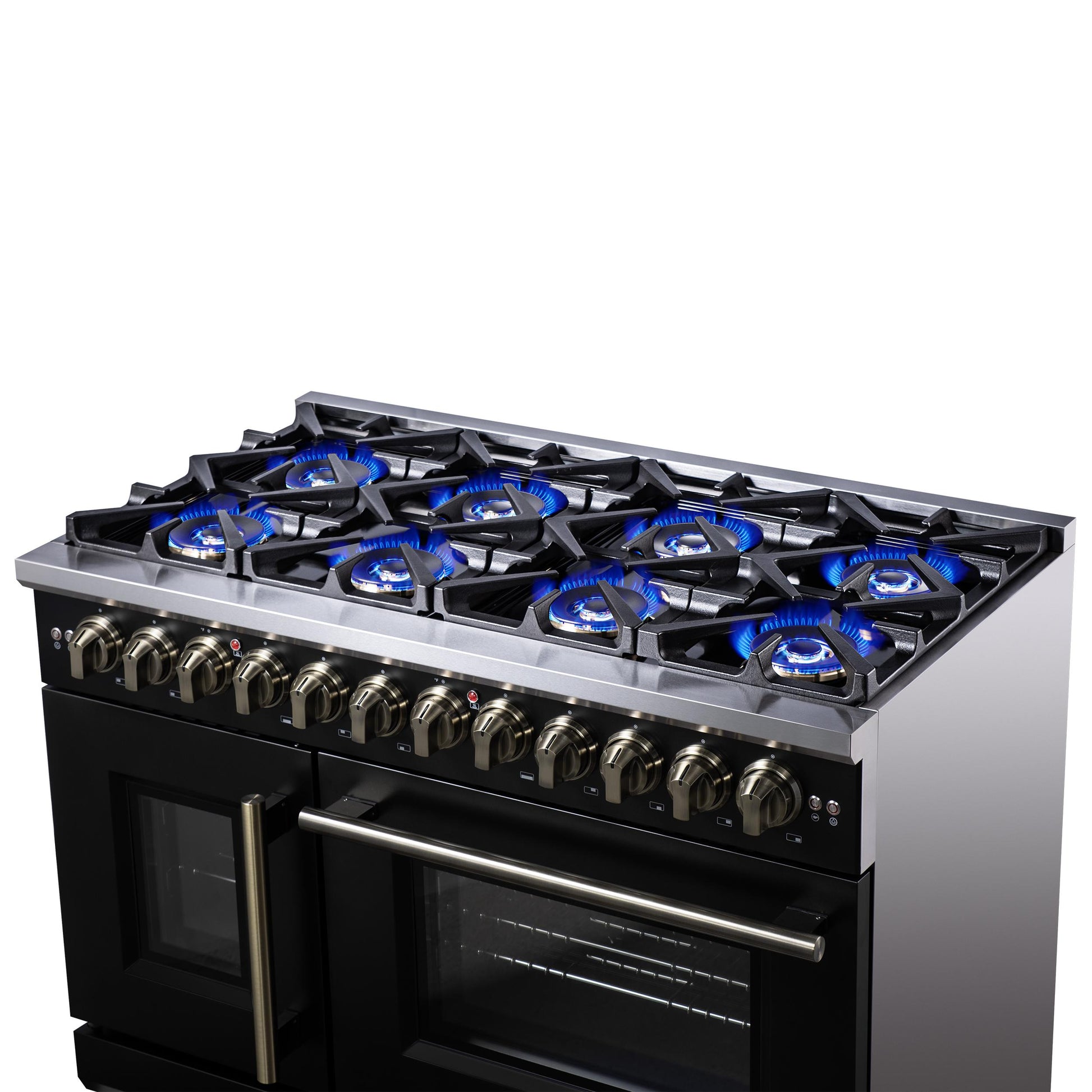 Forno FFSGS638748BLK Forno Capriasca 48 Inch Freestanding French Door Dual Fuel Range In Black With Antique Brass Accessories, 8 Burners, True Convection Oven