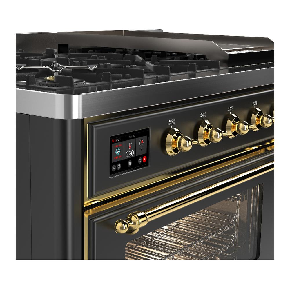 Ilve UM48FNR3MGG Ilve Um48Fnr3Mgg Majestic Iii 48 Inch Dual Fuel Range With 8 Burners And Griddle, Dual Function Burner Up To 25,000 Btu (Natural Gas, Triple Glass Door, Graphite Matte, Brass)
