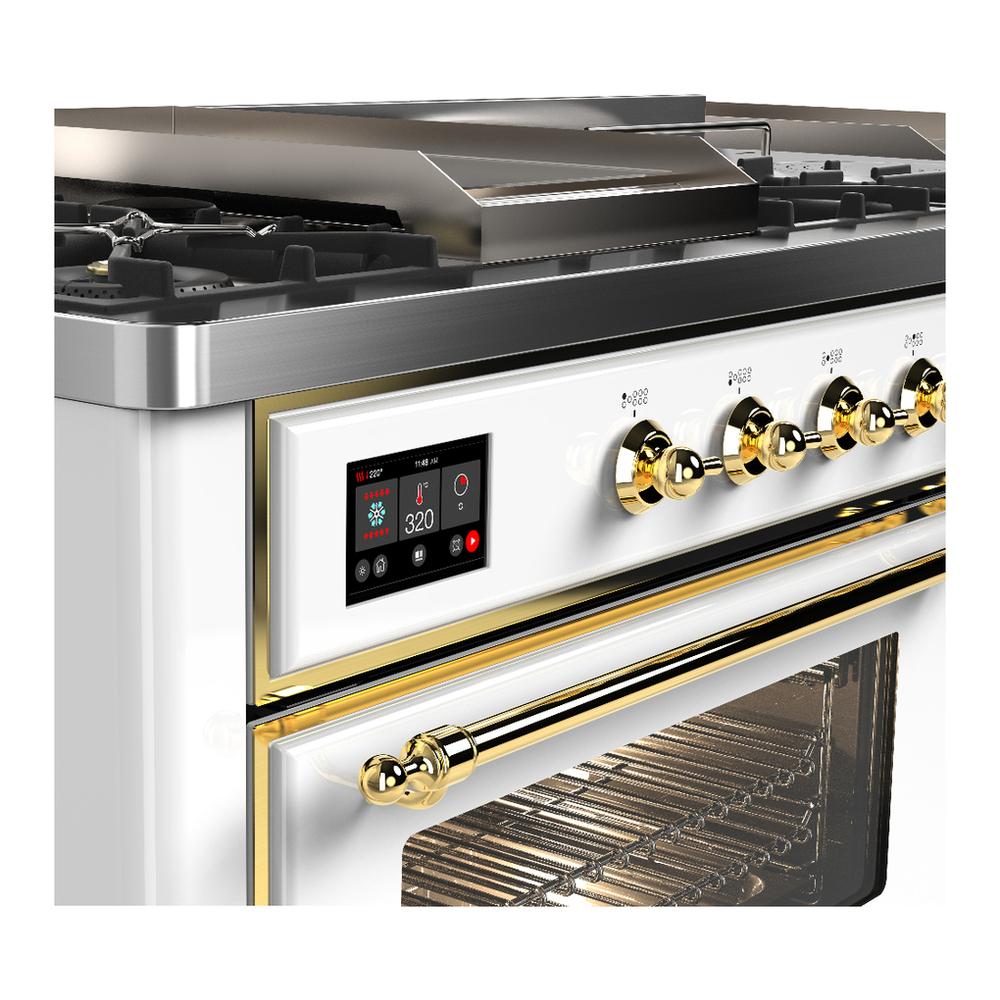 Ilve UM60FSNR3WHGLP Ilve Um60Fsnr3Whglp Majestic Iii 60 Inch Dual Fuel Range With 7 Burners, Griddle And French Top, Dual Function Burner With Up To 25,000 Btu (Liquid Propane, Triple Glass Door, White, Brass)