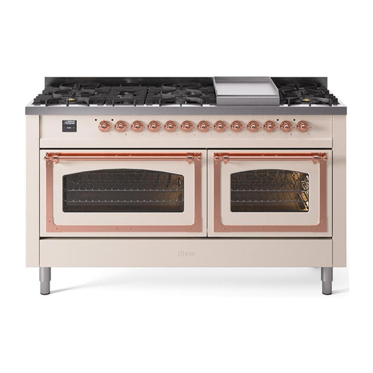 Ilve UN60FNMPAWP Ilve Un60Fnmpawp Nostalgie Ii Noblesse 60" Dual Fuel Range (9 Sealed Burners + Griddle, Natural Gas, Triple Glass Door, Antique White, Copper)