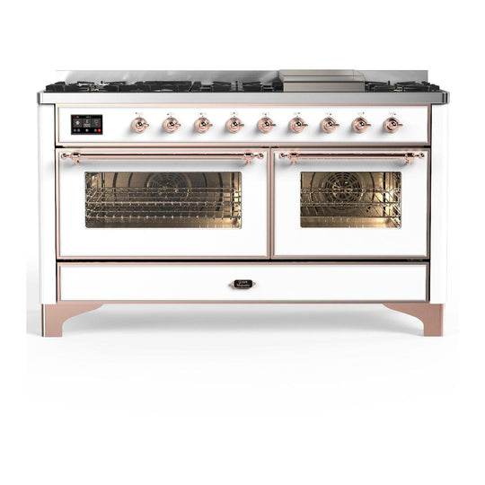 Ilve UM60FNR3WHPLP Ilve Um60Fnr3Whplp Majestic Iii 60 Inch Dual Fuel Range With 9 Burners And Griddle, Dual Function Burner Up To 25,000 Btu (Liquid Propane, Triple Glass Door, White, Copper)