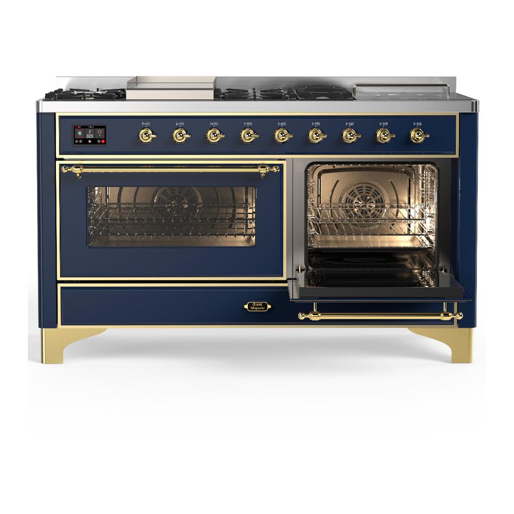 Ilve UM60FSNR3MBGLP Ilve Um60Fsnr3Mbglp Majestic Iii 60 Inch Dual Fuel Range With 7 Burners, Griddle And French Top, Dual Function Burner With Up To 25,000 Btu (Liquid Propane, Triple Glass Door, Midnight Blue, Brass)