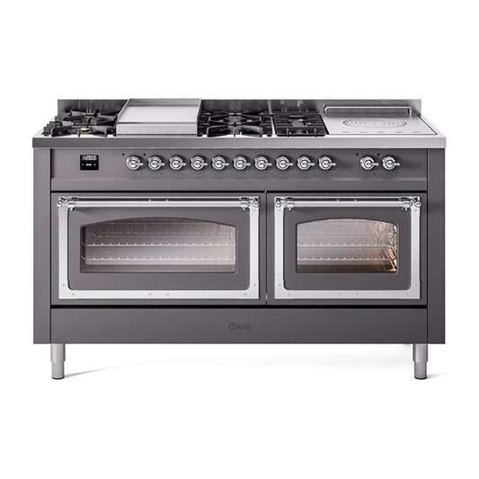 Ilve UN60FSNMPMGCLP Ilve Un60Fsnmpmgclp Nostalgie Ii Noblesse 60" Dual Fuel Range (7 Sealed Burners + Griddle + French Top, Liquid Propane, Triple Glass Door, Graphite Matte, Chrome)
