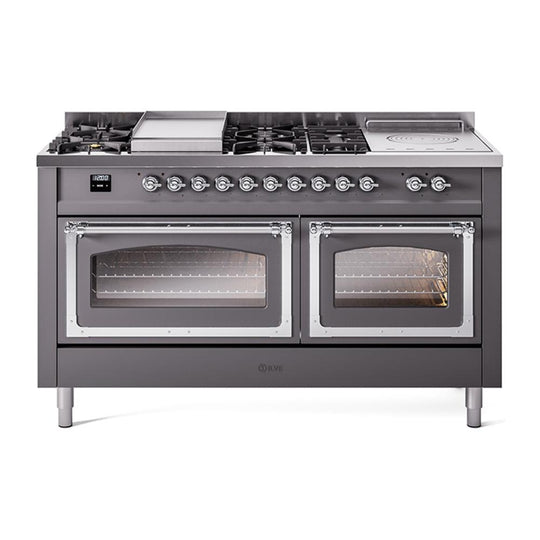 Ilve UN60FSNMPMGCLP Ilve Un60Fsnmpmgclp Nostalgie Ii Noblesse 60" Dual Fuel Range (7 Sealed Burners + Griddle + French Top, Liquid Propane, Triple Glass Door, Graphite Matte, Chrome)