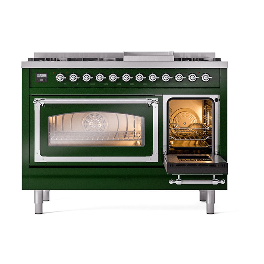 Ilve UN48FNMPEGC Ilve Un48Fnmpegc Nostalgie Ii Noblesse 48" Dual Fuel Range (8 Sealed Burners + Griddle, Natural Gas, Triple Glass Door, Emerald Green, Chrome)
