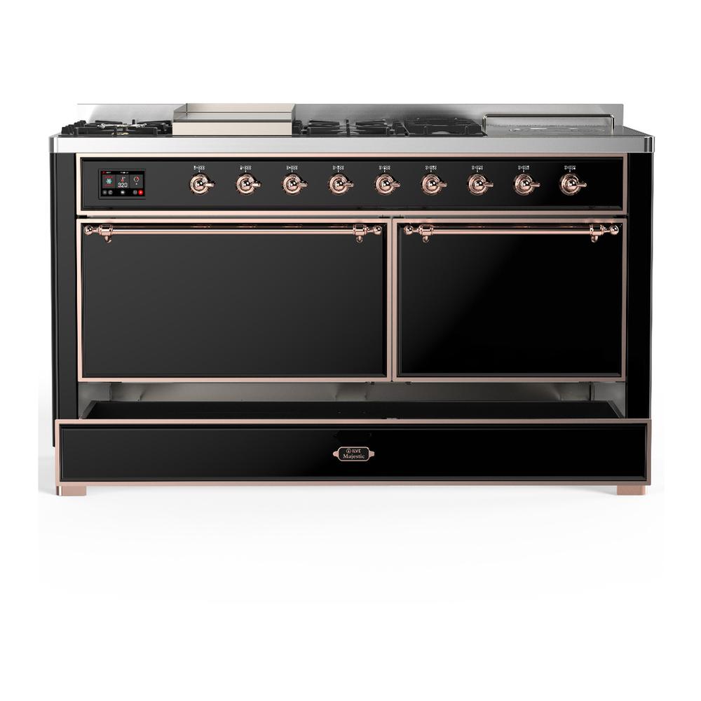 Ilve UM60FSQNR3BKP Ilve Um60Fsqnr3Bkp Majestic Iii 60 Inch Dual Fuel Range With 7 Burners, Griddle And French Top, Dual Function Burner With Up To 25,000 Btu (Natural Gas, Solid Door, Glossy Black, Copper)