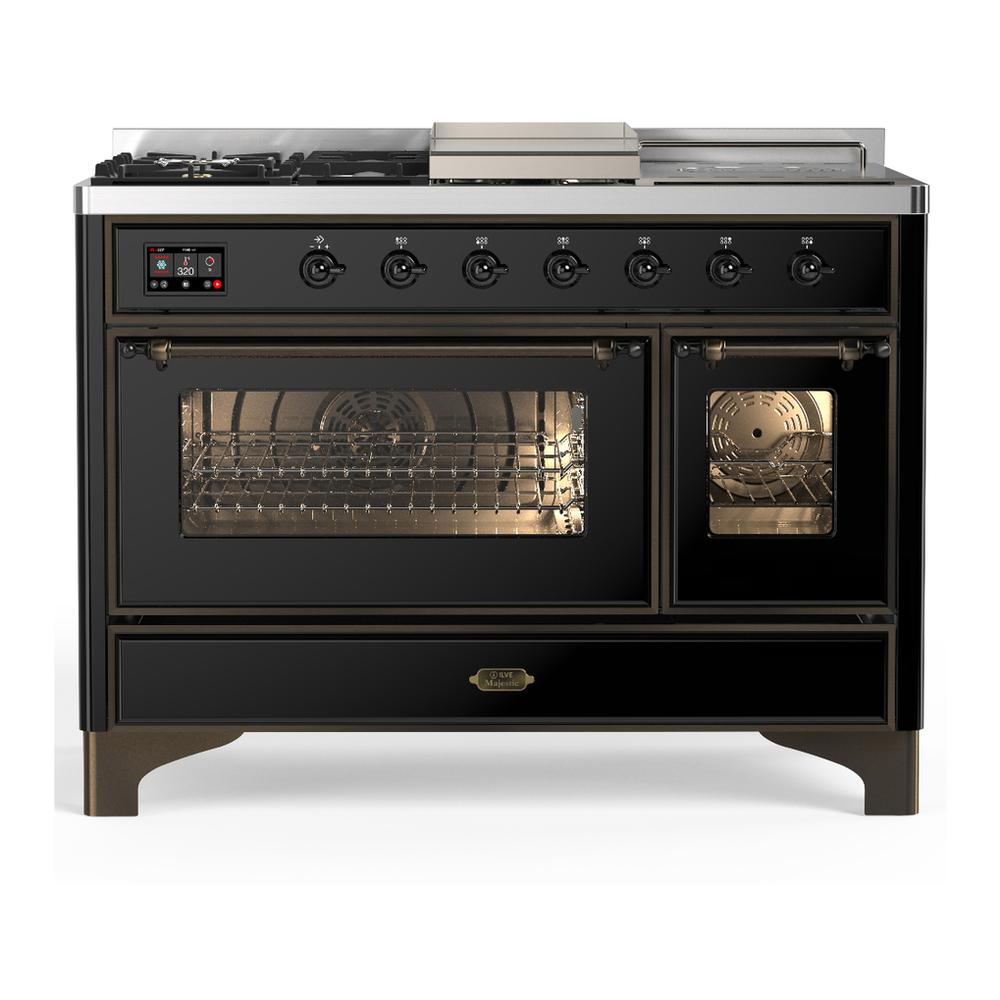 Ilve UM48FSNR3BKB Ilve Um48Fsnr3Bkb Majestic Iii 48 Inch Dual Fuel Range With 5 Black Brass Burners, Griddle And French Top, Dual Function Burner Up To 25,000 Btu (Natural Gas, Triple Glass Door, Glossy Black, Burnished)