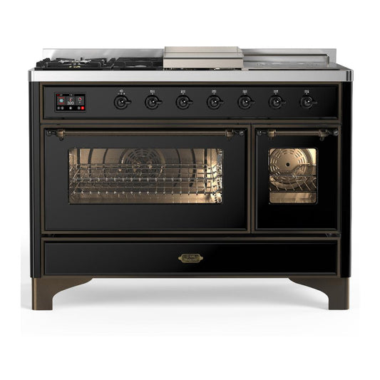 Ilve UM48FSNR3BKB Ilve Um48Fsnr3Bkb Majestic Iii 48 Inch Dual Fuel Range With 5 Black Brass Burners, Griddle And French Top, Dual Function Burner Up To 25,000 Btu (Natural Gas, Triple Glass Door, Glossy Black, Burnished)